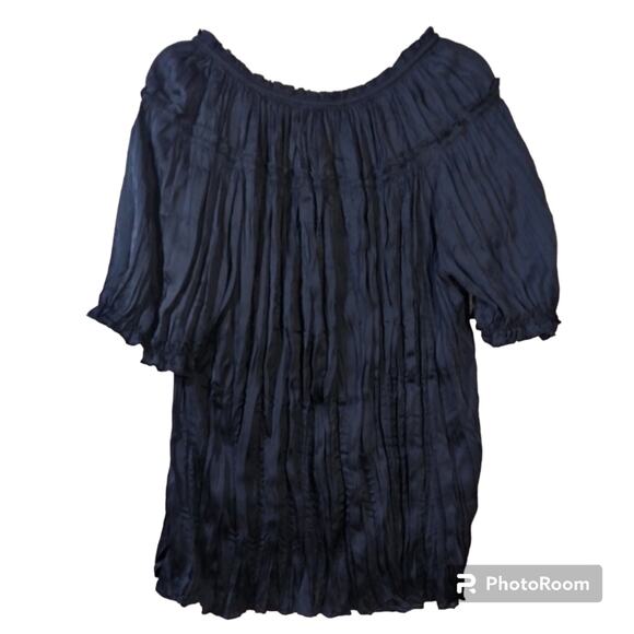 Dana Buchman Navy Blue Crinkle Short Sleeve Button Front Blouse Tie Neck Size 1X - Picture 2 of 7